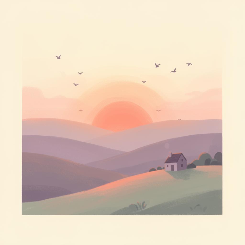 Sunrise over rolling hills with a cottage